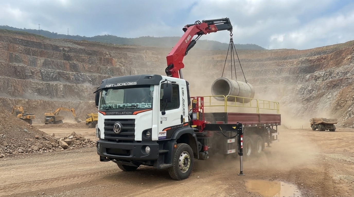 Caminhão munck VW Constellation da Fort Locações içando tubo de concreto em mineração