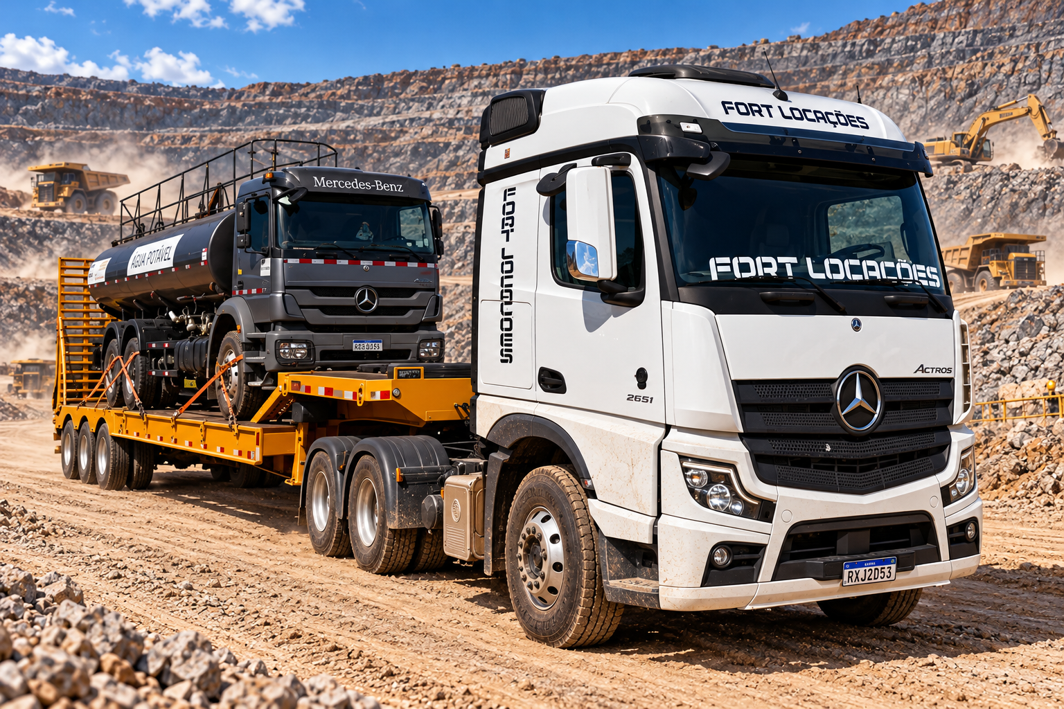 Cavalo mecânico Mercedes-Benz Actros da Fort Locações puxando prancha com caminhão-pipa em mineração