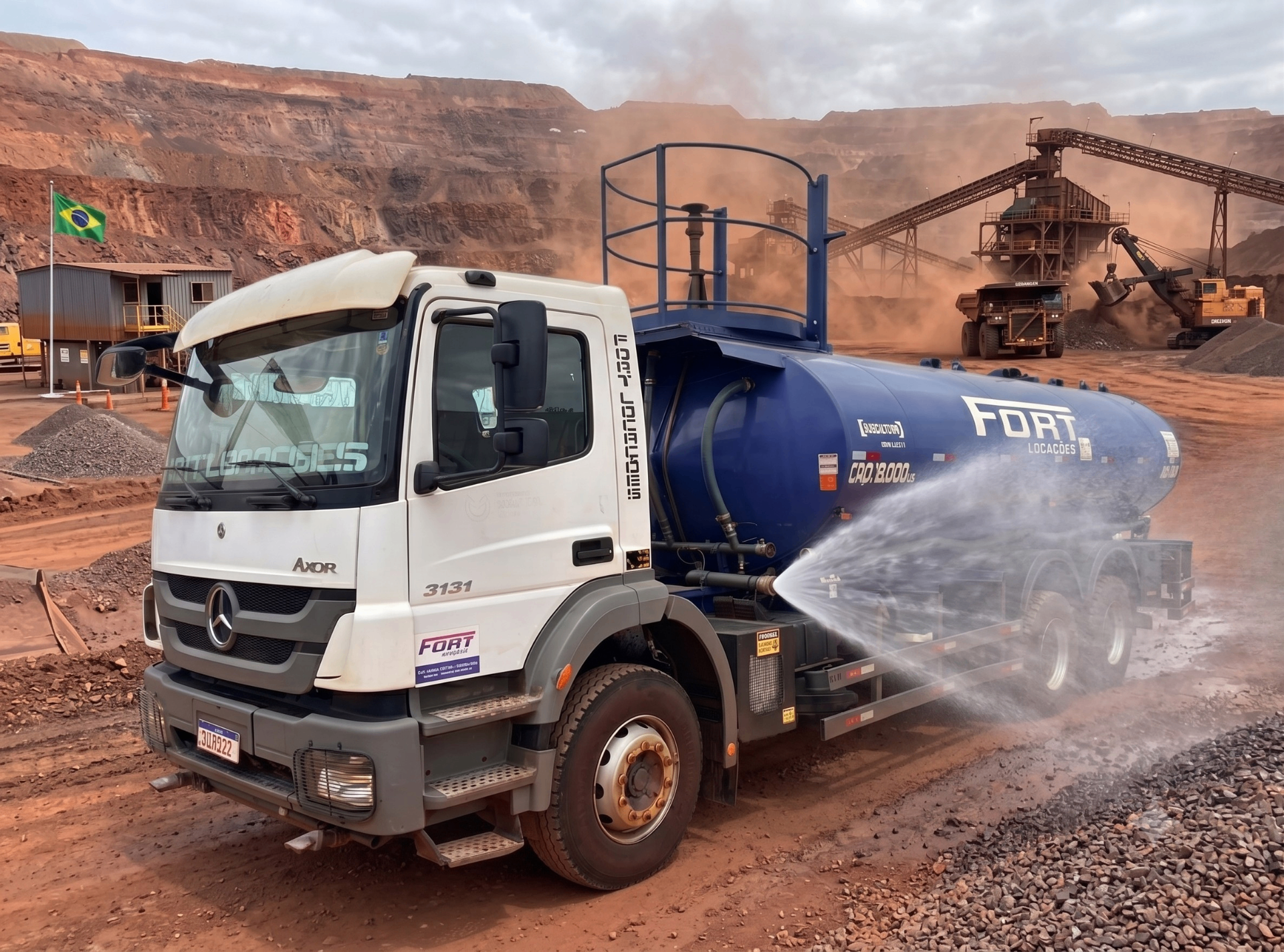 Caminhão-pipa Mercedes-Benz Axor da Fort Locações molhando via em mineração